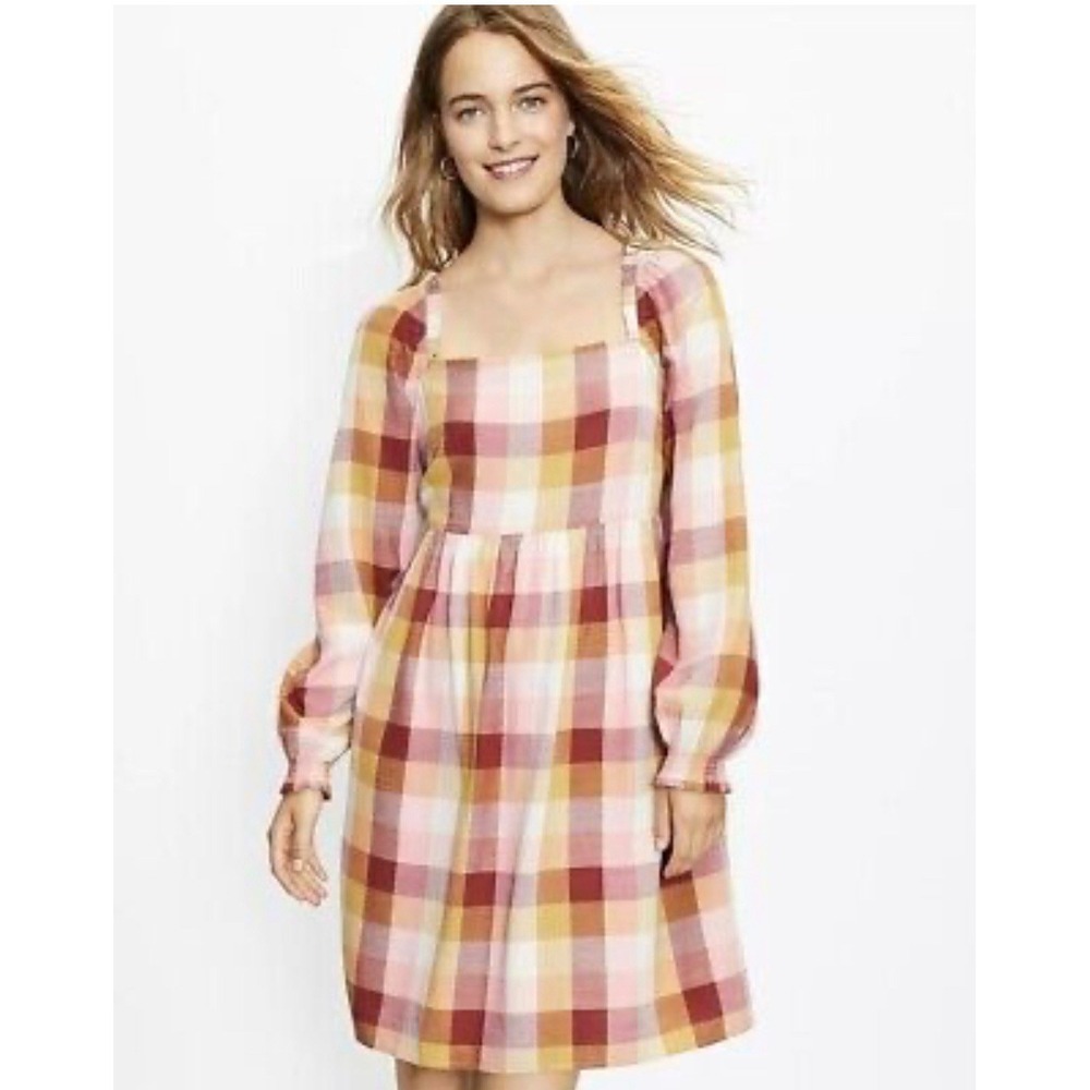 Ann Taylor Loft Plaid Square Neck Babydoll‎ Dress Size XL Strawberry Blossom